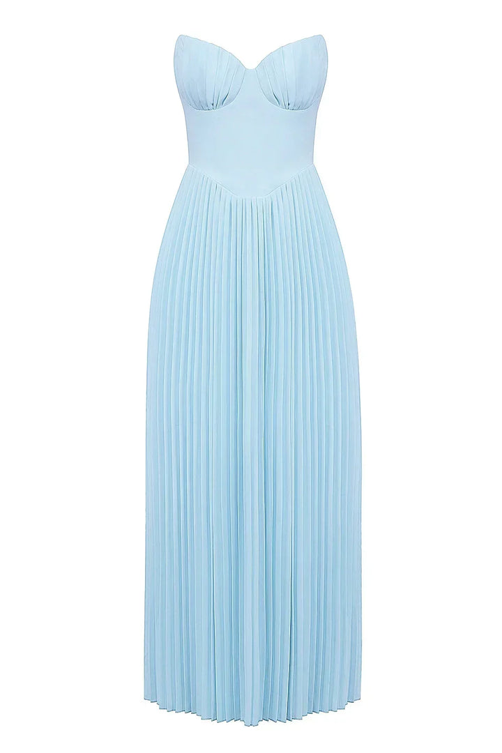Vestido maxi mujer azul claro con corsé plisado