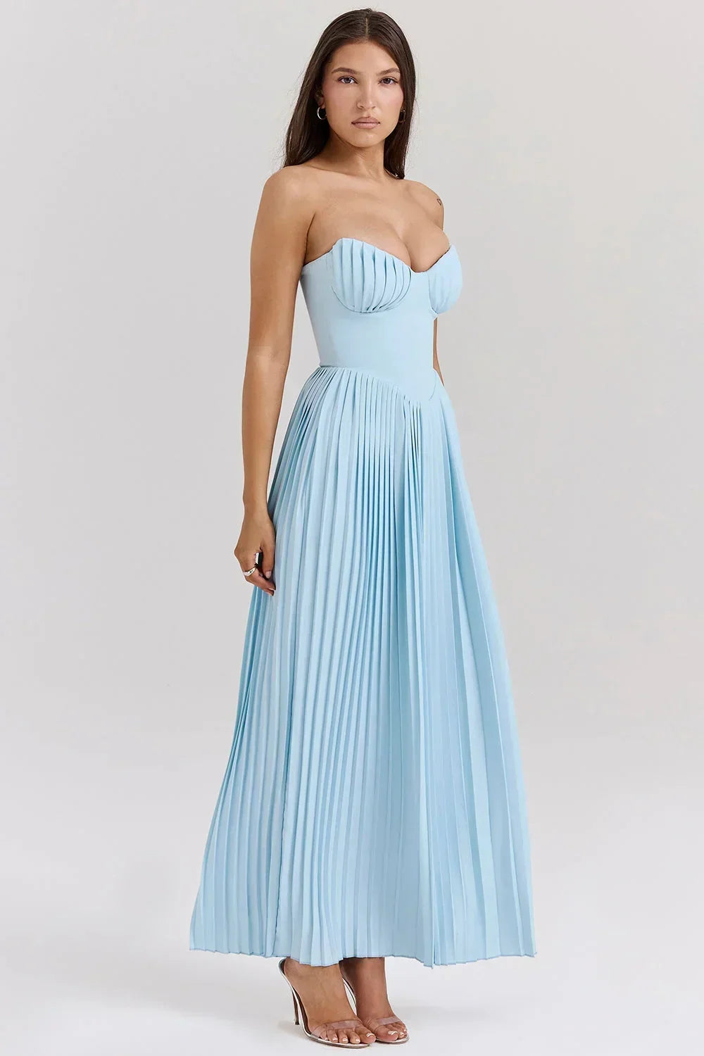 Vestido maxi mujer azul claro con corsé plisado