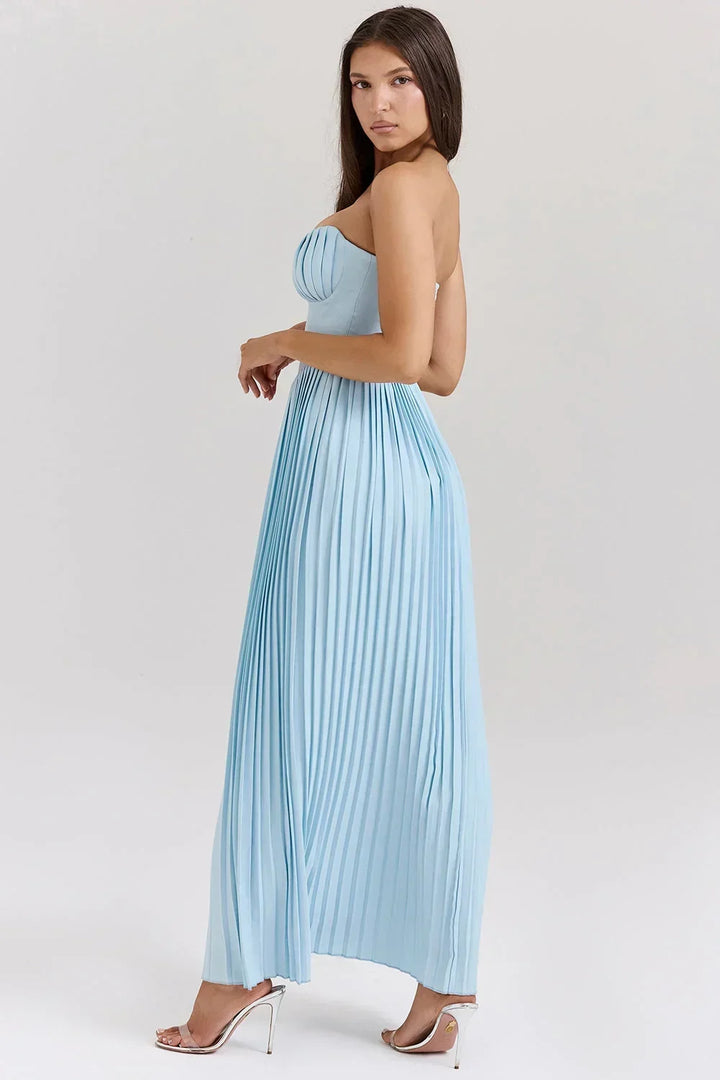 Vestido maxi mujer azul claro con corsé plisado