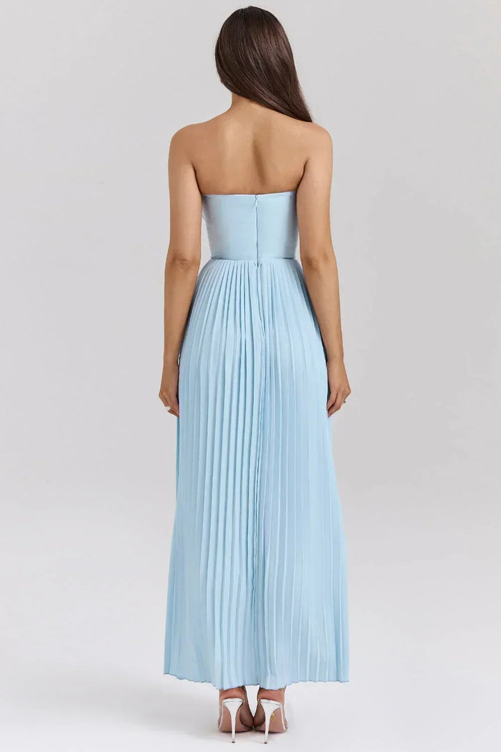 Vestido maxi mujer azul claro con corsé plisado