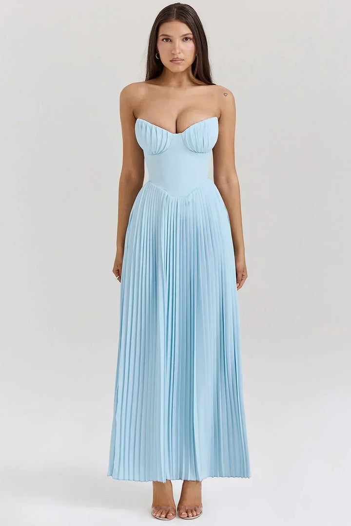 Vestido maxi mujer azul claro con corsé plisado