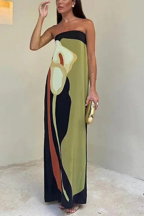 Vestido maxi sin tirantes para mujer con patrones abstractos fluidos