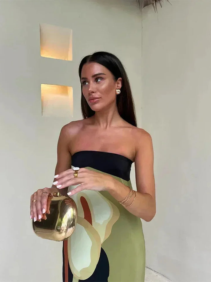 Vestido maxi sin tirantes para mujer con patrones abstractos fluidos