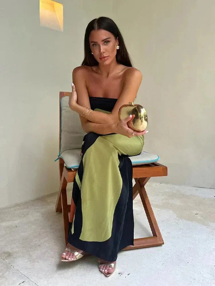 Vestido maxi sin tirantes para mujer con patrones abstractos fluidos