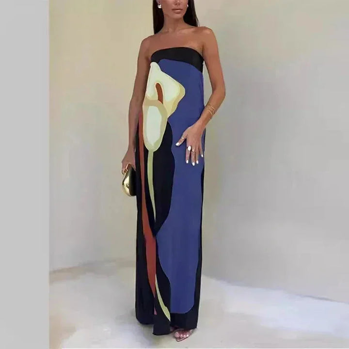 Vestido maxi sin tirantes para mujer con patrones abstractos fluidos