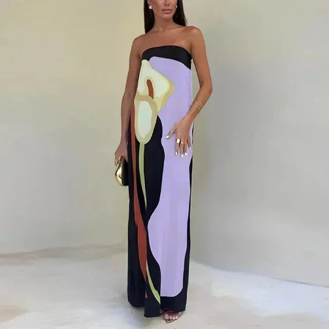 Vestido maxi sin tirantes para mujer con patrones abstractos fluidos