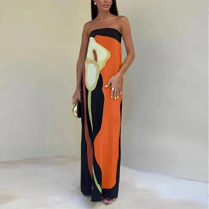 Vestido maxi sin tirantes para mujer con patrones abstractos fluidos