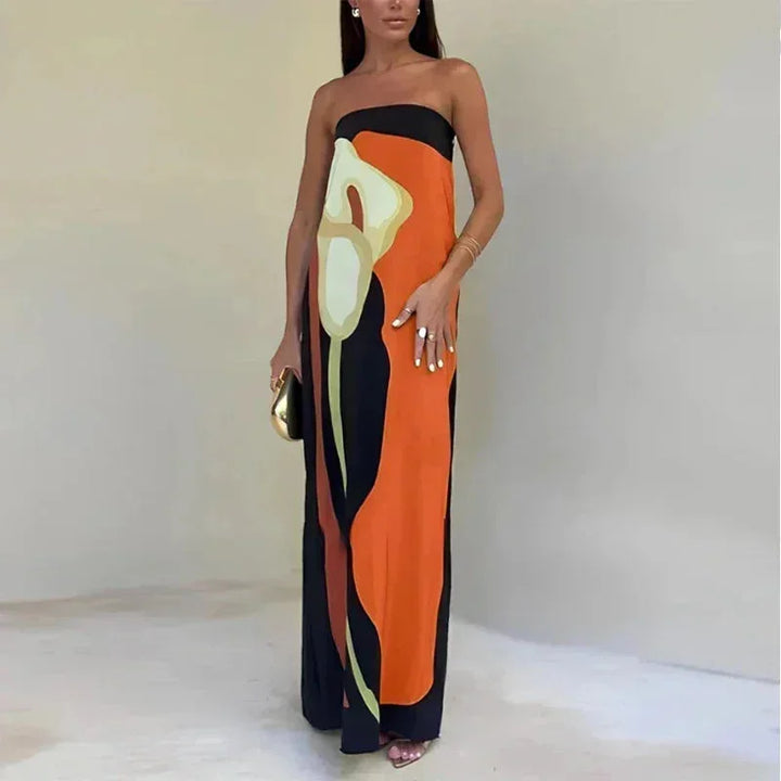 Vestido maxi sin tirantes para mujer con patrones abstractos fluidos