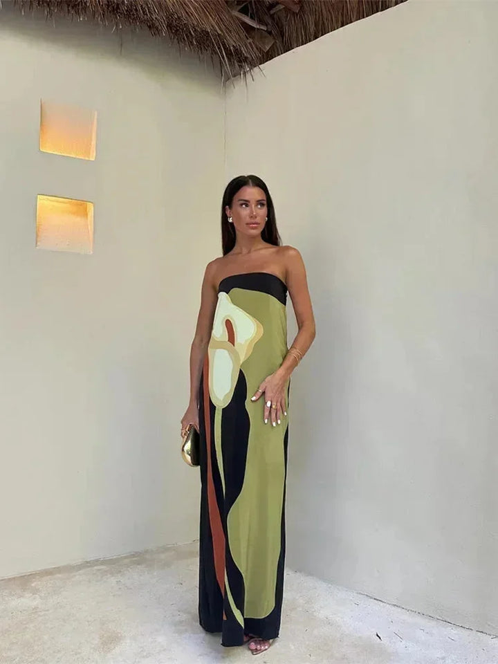 Vestido maxi sin tirantes para mujer con patrones abstractos fluidos