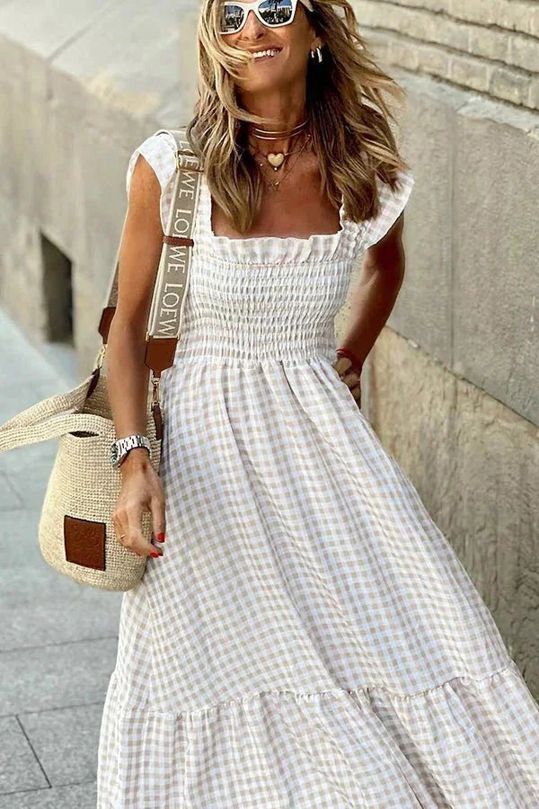 Vestido maxi de cuadros para mujer con mangas de volantes y escote cuadrado