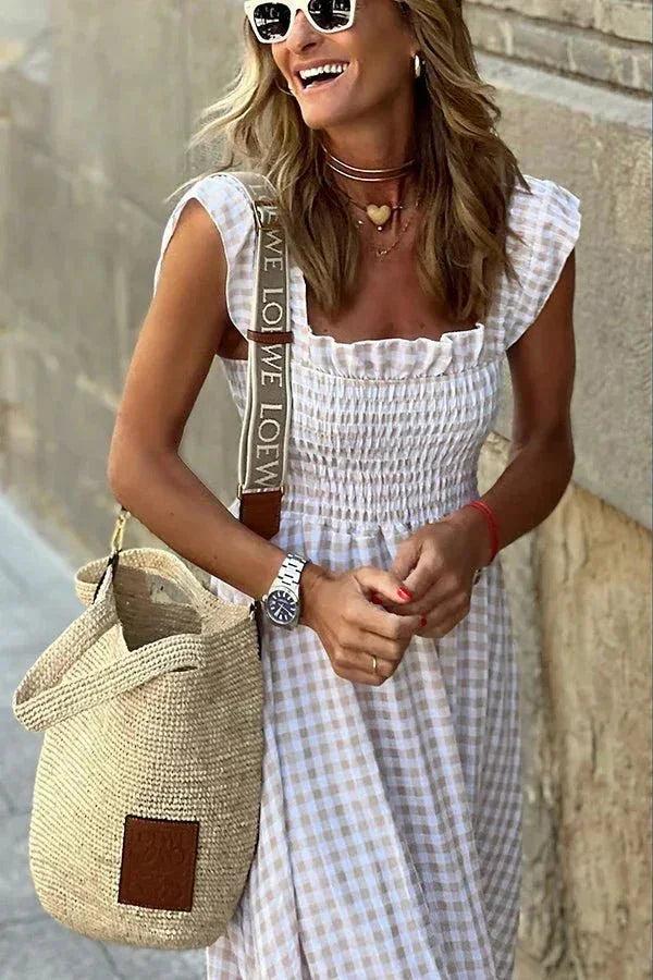 Vestido maxi de cuadros para mujer con mangas de volantes y escote cuadrado