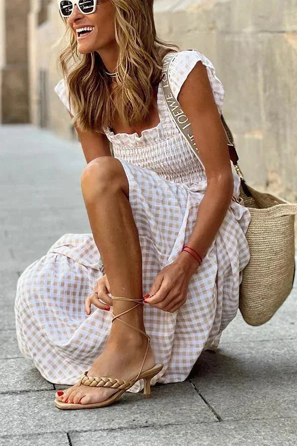 Vestido maxi de cuadros para mujer con mangas de volantes y escote cuadrado