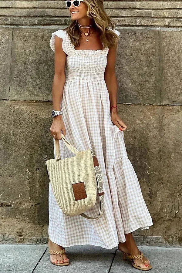 Vestido maxi de cuadros para mujer con mangas de volantes y escote cuadrado