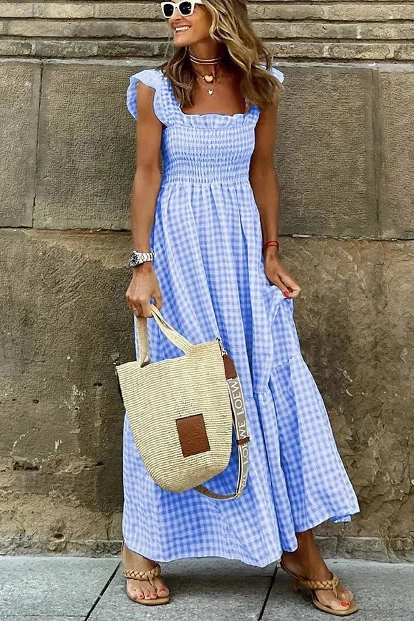Vestido maxi de cuadros para mujer con mangas de volantes y escote cuadrado