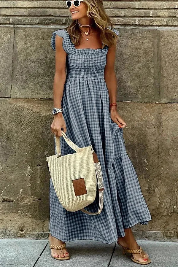 Vestido maxi de cuadros para mujer con mangas de volantes y escote cuadrado