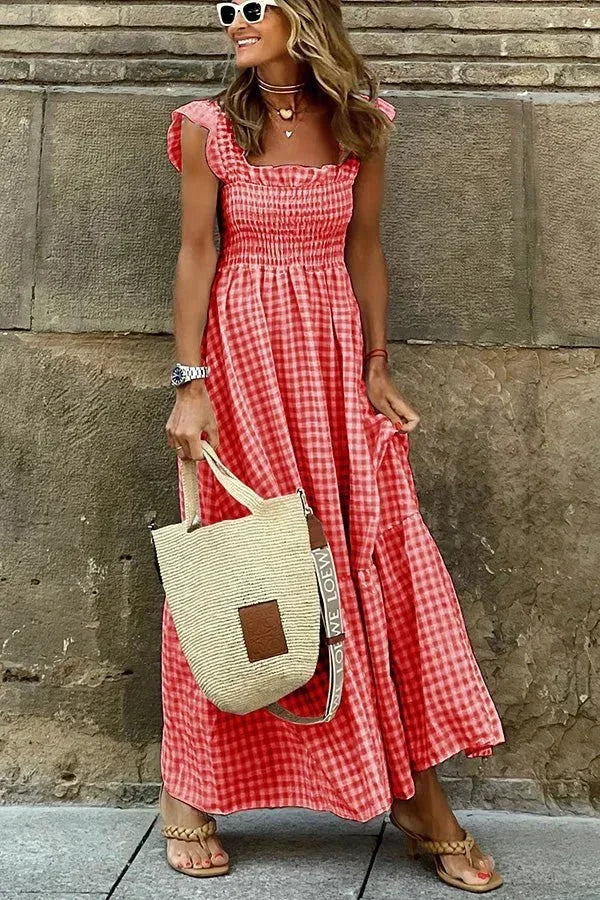 Vestido maxi de cuadros para mujer con mangas de volantes y escote cuadrado