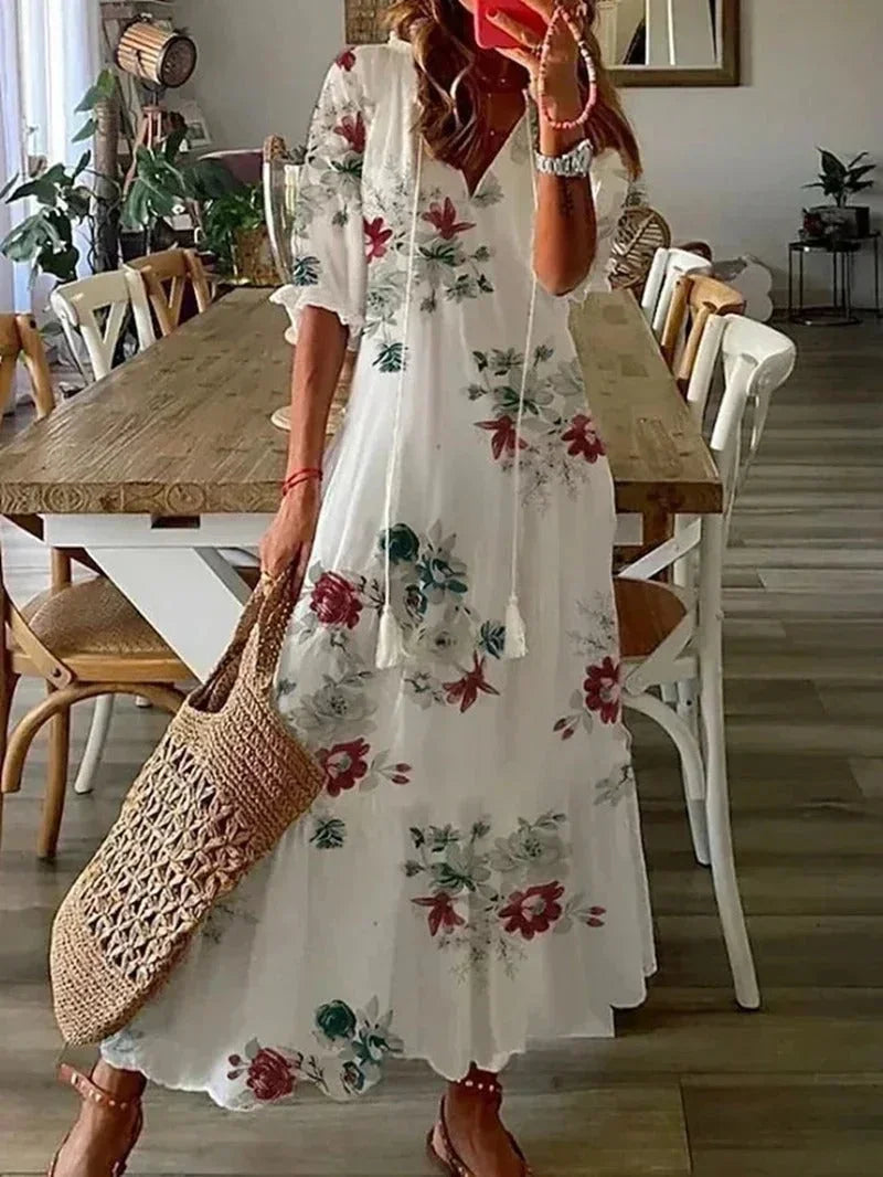 Vestido maxi de mujer con escote en V y patrones florales