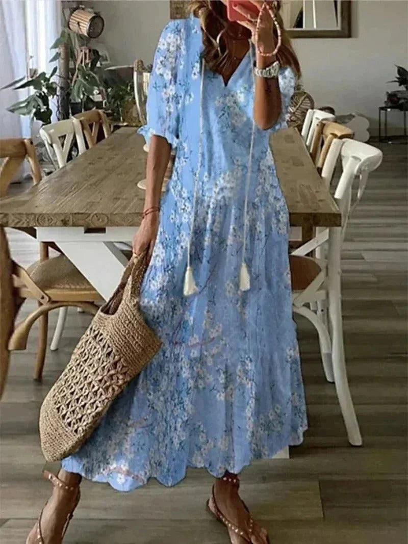 Vestido maxi de mujer con escote en V y patrones florales
