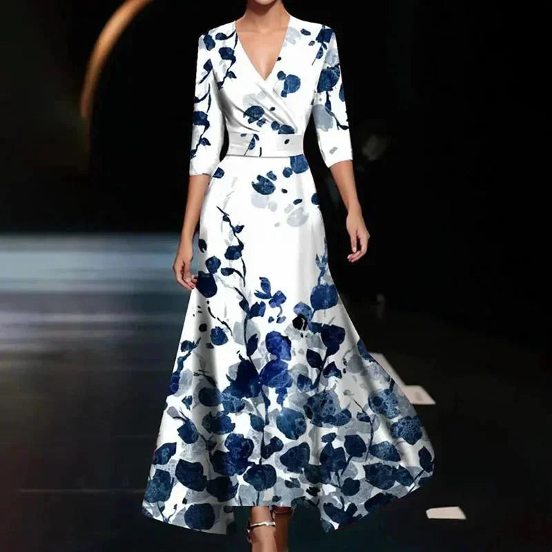 Vestido Maxi de mujer con escote en V, estampado floral y cinturón
