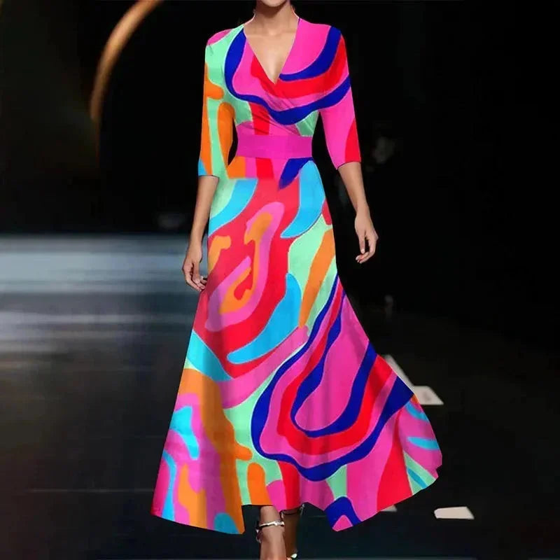 Vestido Maxi de mujer con escote en V, estampado floral y cinturón