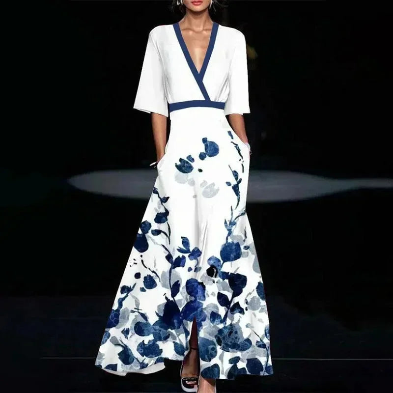 Vestido Maxi de mujer con escote en V, estampado floral y cinturón