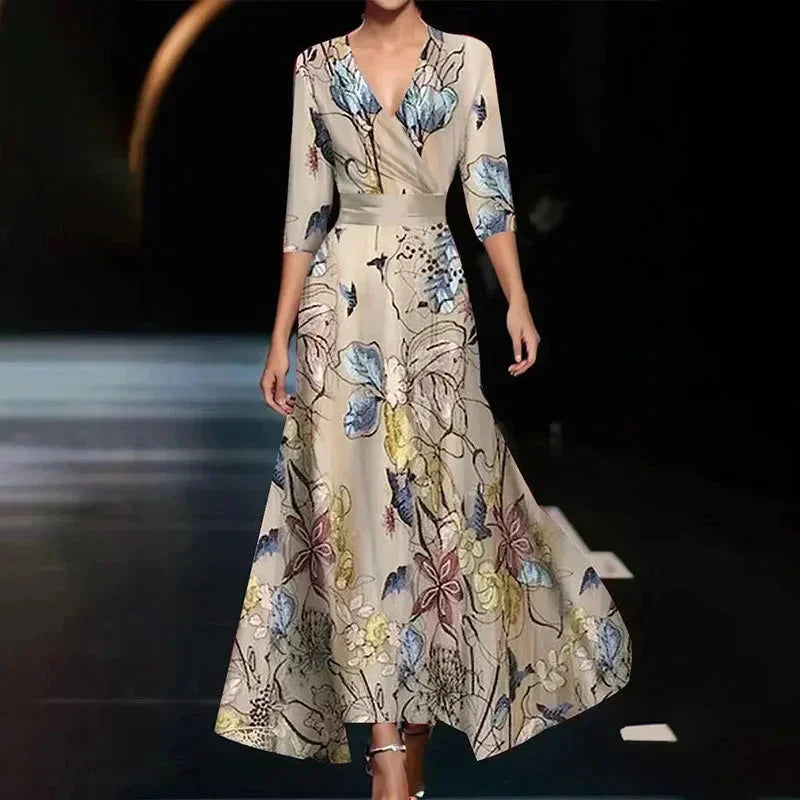 Vestido Maxi de mujer con escote en V, estampado floral y cinturón