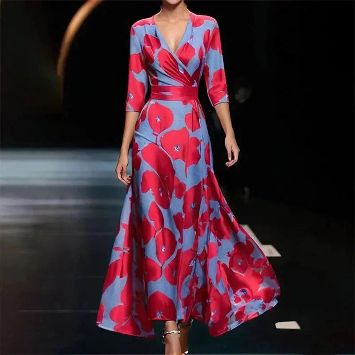 Vestido Maxi de mujer con escote en V, estampado floral y cinturón