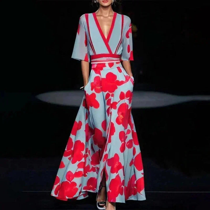 Vestido Maxi de mujer con escote en V, estampado floral y cinturón