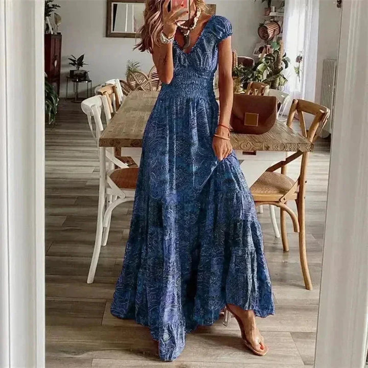 Vestido maxi casual de mujer con mangas cortas y volantes