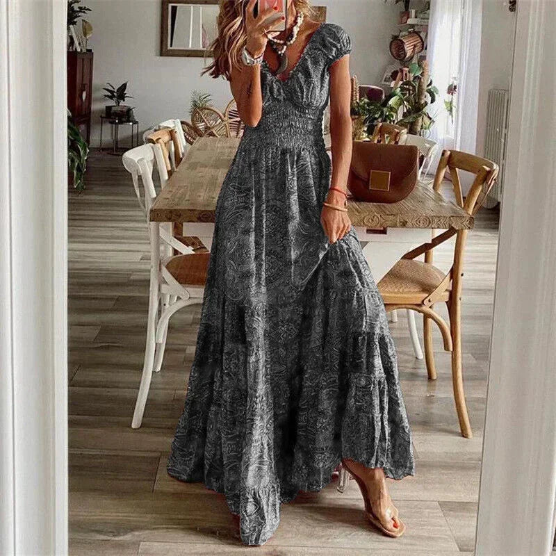 Vestido maxi casual de mujer con mangas cortas y volantes