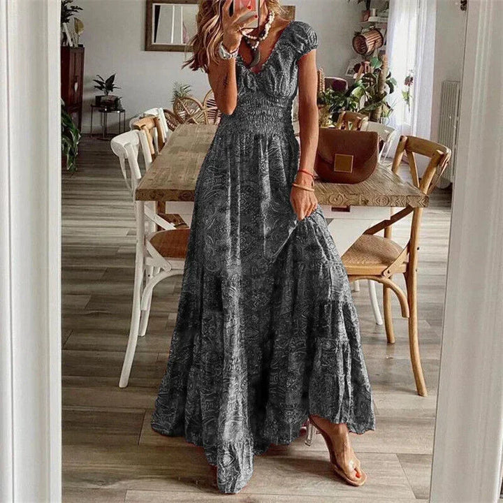 Vestido maxi casual de mujer con mangas cortas y volantes