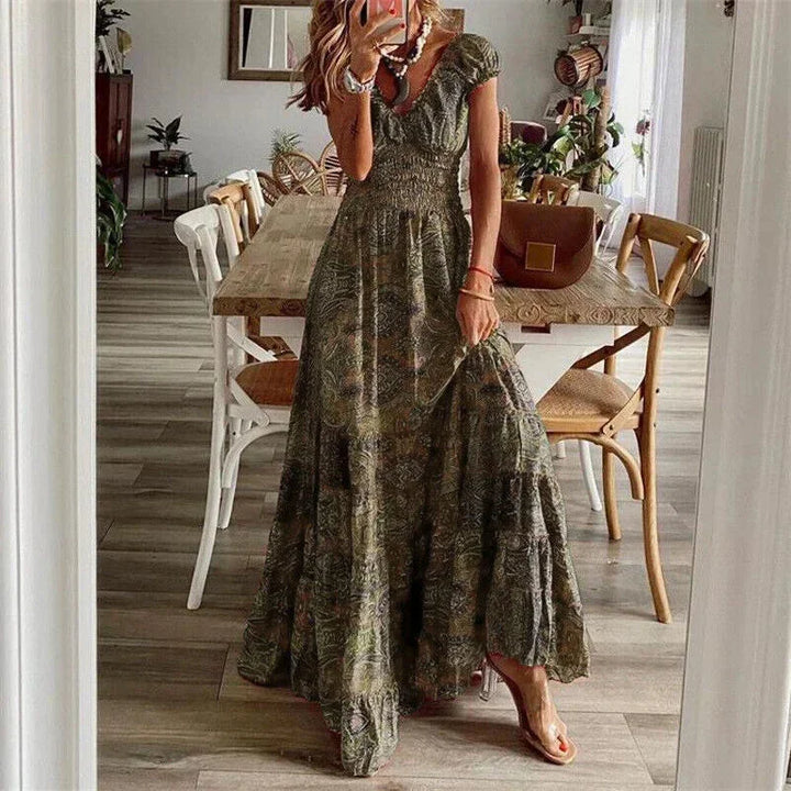 Vestido maxi casual de mujer con mangas cortas y volantes