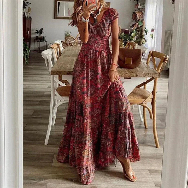 Vestido maxi casual de mujer con mangas cortas y volantes
