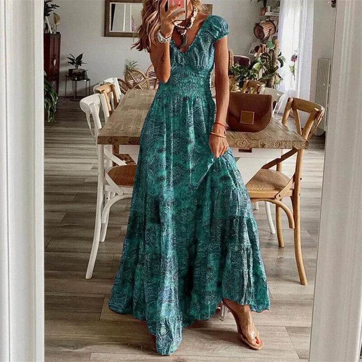 Vestido maxi casual de mujer con mangas cortas y volantes