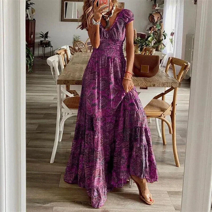 Vestido maxi casual de mujer con mangas cortas y volantes
