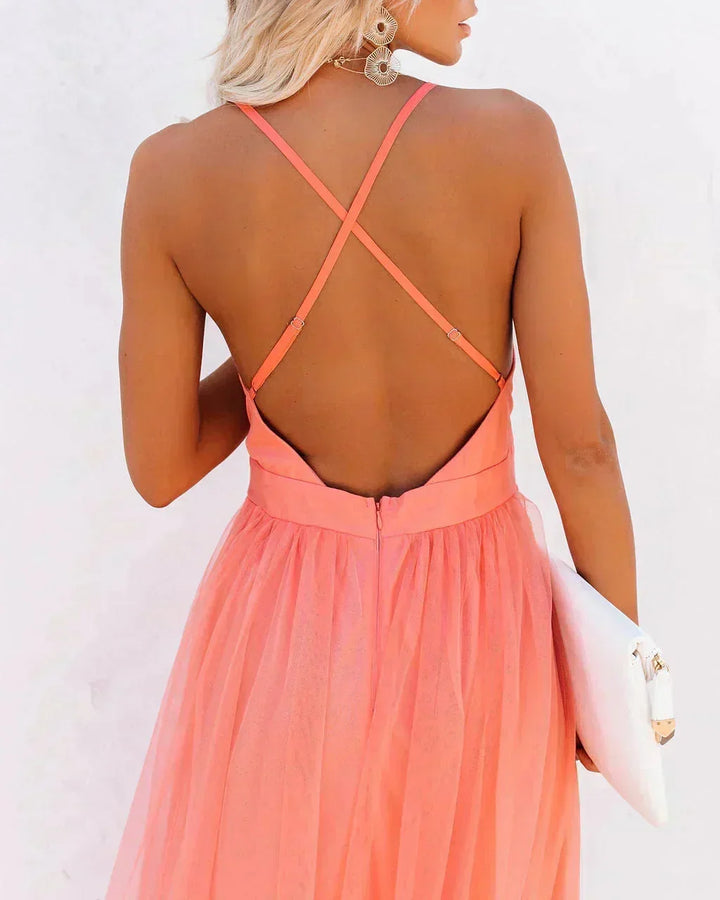 Vestido maxi naranja sin espalda para mujeres con tirantes delgados