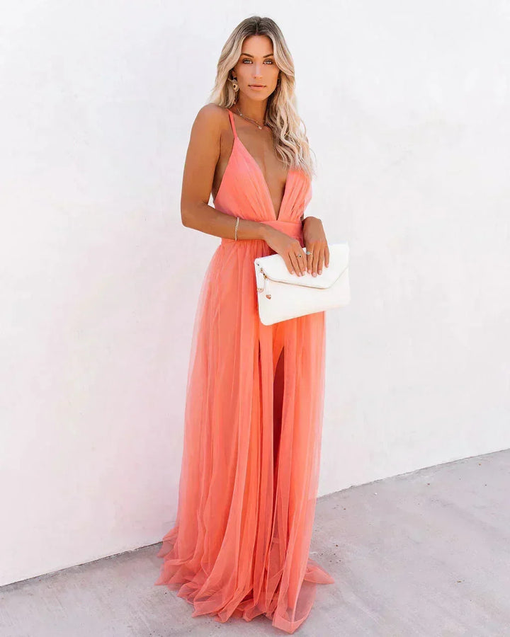 Vestido maxi naranja sin espalda para mujeres con tirantes delgados