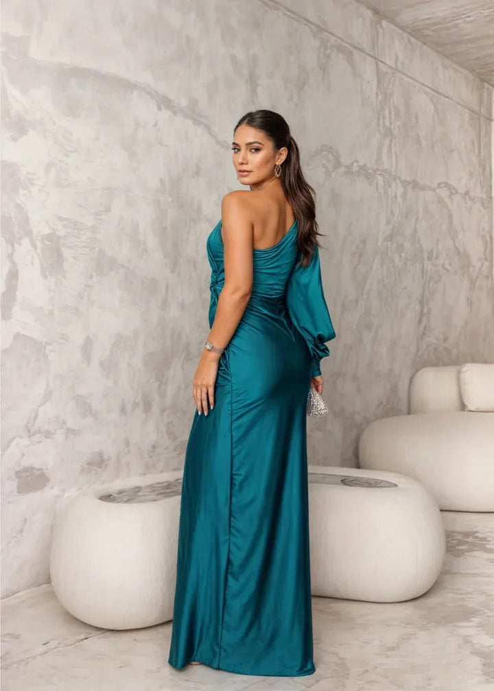 Vestido maxi drapeado de una sola manga para mujer con elegante abertura
