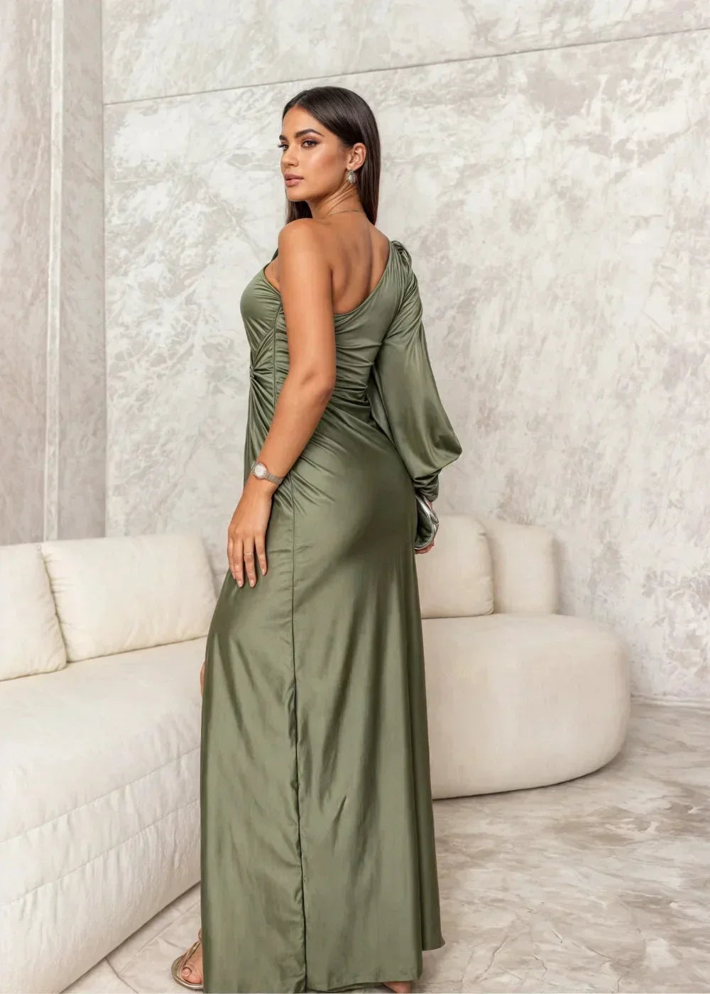 Vestido maxi drapeado de una sola manga para mujer con elegante abertura