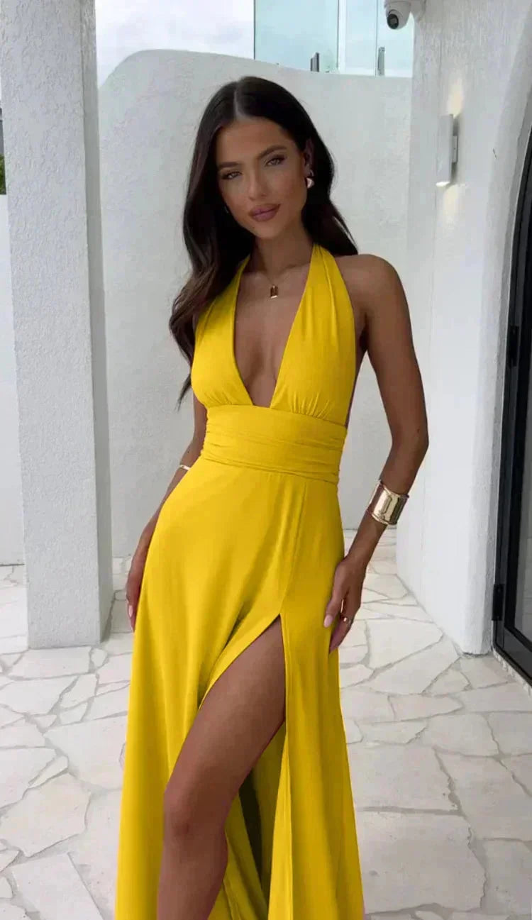Vestido maxi de mujer con escote pronunciado y elegante abertura