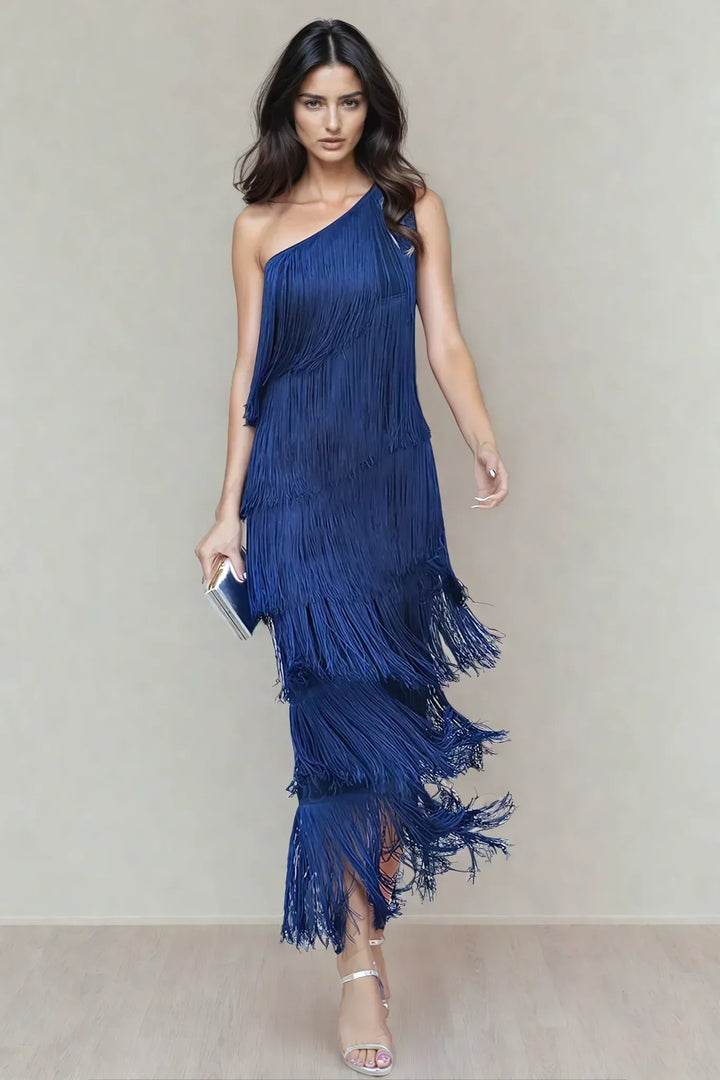 Vestido maxi de mujer con flecos y escote asimétrico