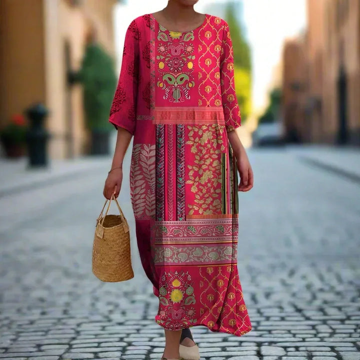 Vestido maxi para mujeres con estampado étnico, mangas 3/4, rosa