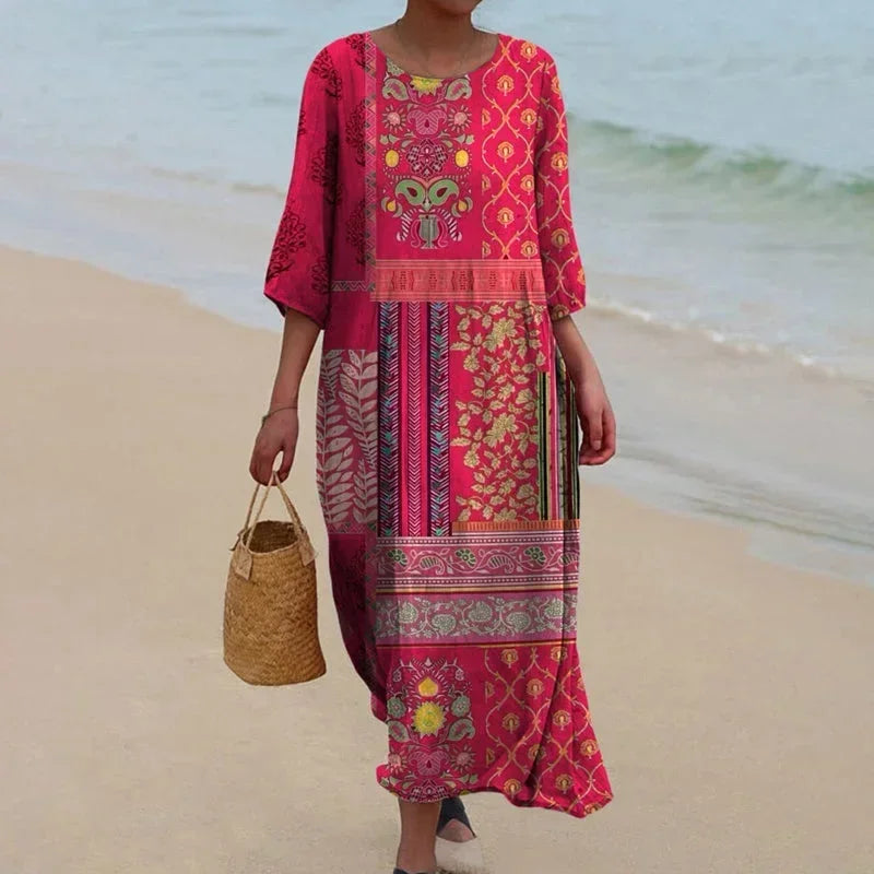 Vestido maxi para mujeres con estampado étnico, mangas 3/4, rosa