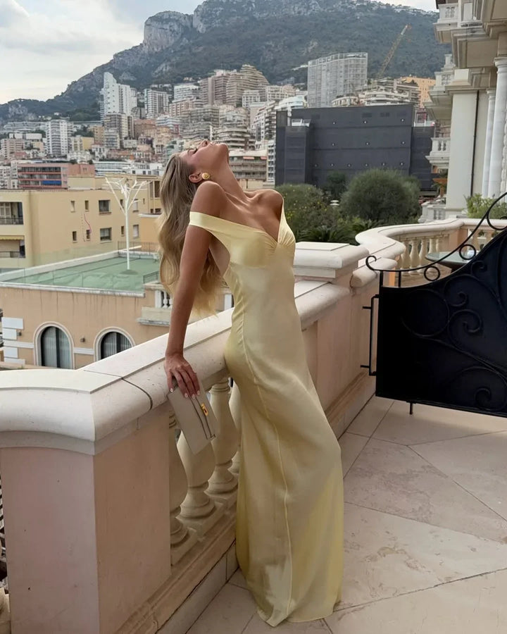 Vestido maxi amarillo sin hombros para mujeres