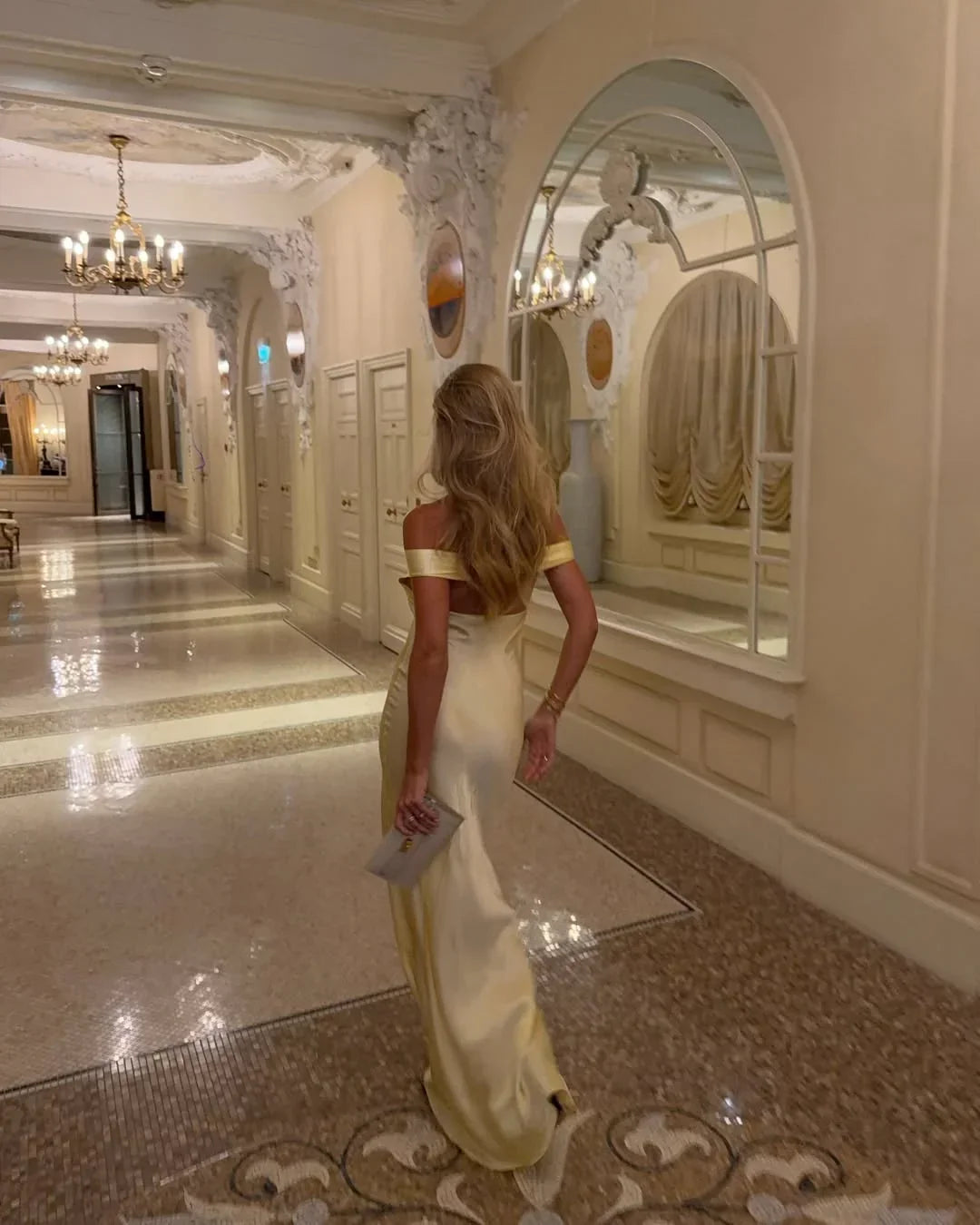 Vestido maxi amarillo sin hombros para mujeres