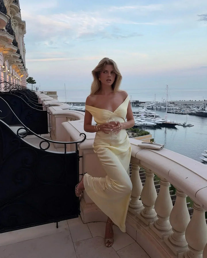 Vestido maxi amarillo sin hombros para mujeres