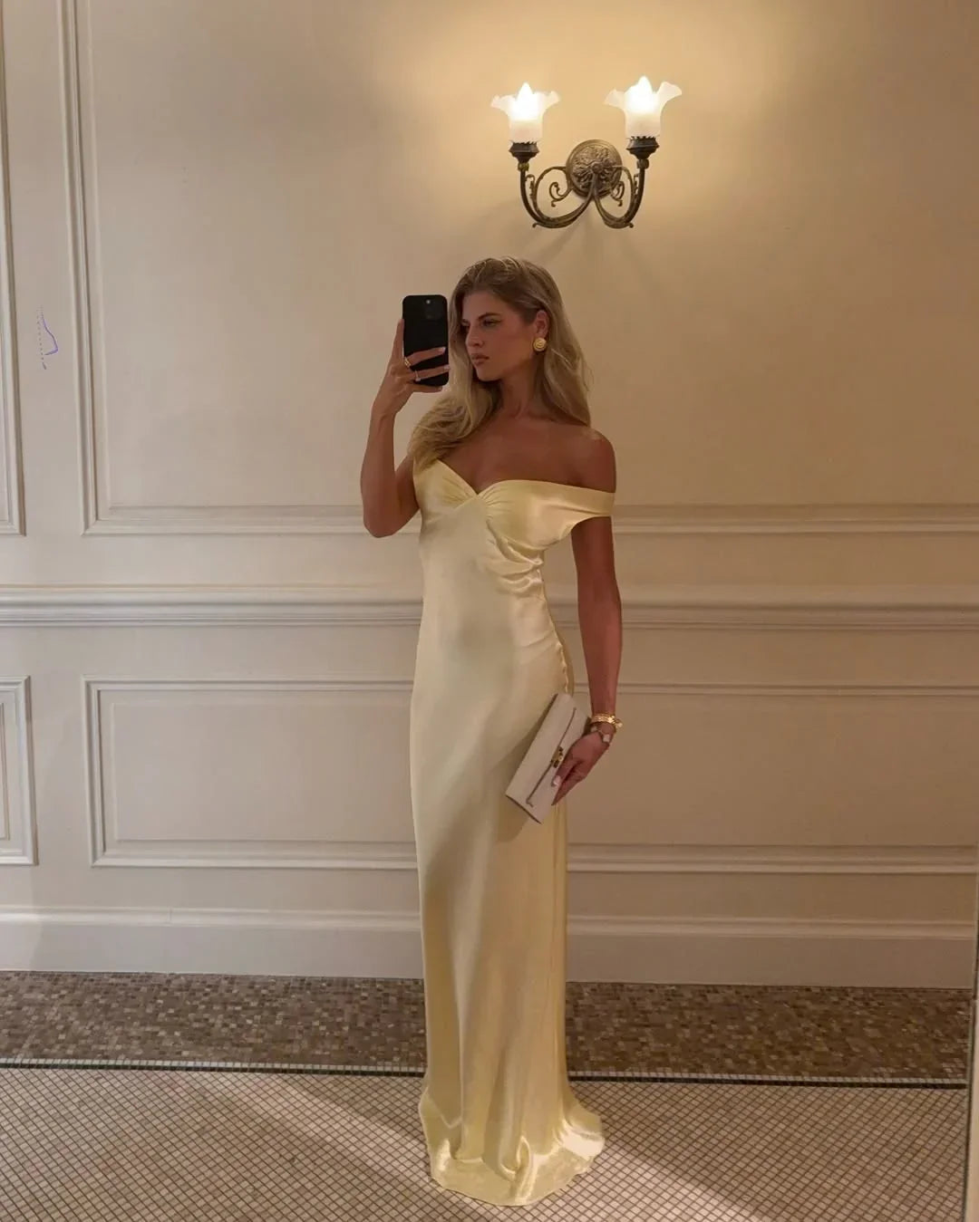 Vestido maxi amarillo sin hombros para mujeres