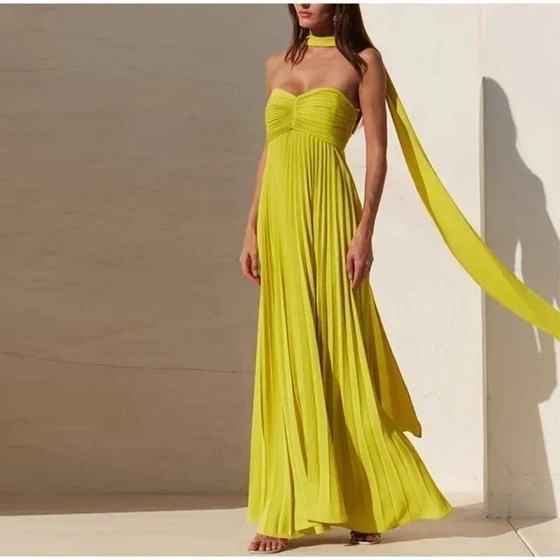 Vestido maxi mujer amarillo con cuello atado