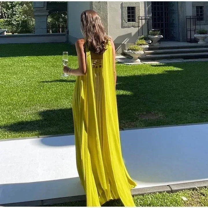 Vestido maxi mujer amarillo con cuello atado