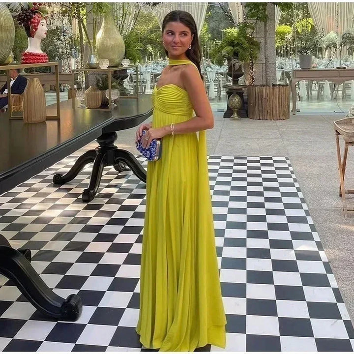 Vestido maxi mujer amarillo con cuello atado